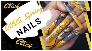 NEW 2022 SPRING NAILS YELLOW&GRAY BUTTERFLY OMBRE&FOIL NAILS