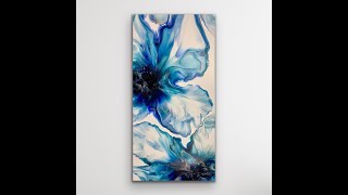 Beautiful Shades of Blue and Silver Iris Inspired Abstract Fluid Art Acrylic Painting/Bloom and Spin