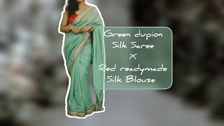 Green Dupion Silk Saree with Red readymade sleeveless blouse | How to drape a saree? #sareehaul