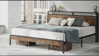 Mental Bed Frame with Storage Headboard Rustic Maple