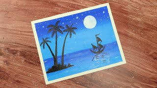 Drawing Ship In The Sea Landscape Scenery / Step By Step Acrylic Painting For Beginners #shorts