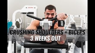 SHREDDING SHOULDERS & BICEPS AT A HARDCORE GYM | 3 WEEKS OUT CONTEST PREP