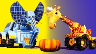 Thanksgiving :GIRAFFLYFTKRAM och ELEFANTGRÄVMASKIN äter pumppaj - tecknad serie med lastbilar