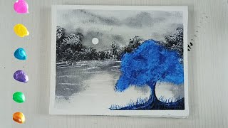 Blue Tree | Black and White Landscape | Easy Painting for Beginners | Acrylic Painting