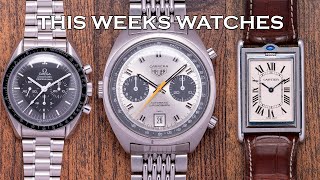 This Weeks Watches - 1971 Heuer Carrera, Cartier Tank Basculante, Speedy Apollo XI & More [EP127]