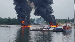 Huge fire of wrecked vessel  -  Onne, Nigeria