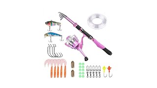 PLUSINNO Ladies Telescopic Fishing Rod and Reel Combos,Spinning Fishing Pole Pink Designed for Ladi