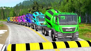 Double Flatbed Trailer Truck vs speed bumps|Busses vs speed bumps|Beamng Drive|BEAMNG4K#232