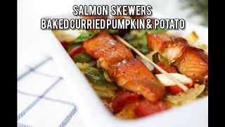 ALASKA SALMON SKEWERS WITH CURRIED BAKED PUMPKIN POTATO