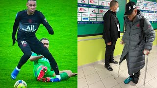 Neymar leaving Geoffroy-Guichard on crutches with a gruesome ankle injury during PSG's match Ligue 1