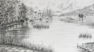 How To Draw Beautiful Neture Landscape Scenery Using In Atmospheric Perspective || Easy Pencil Art