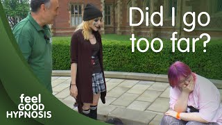 Street hypnosis with girl who has lost her ass! Did I go too far with the skit?