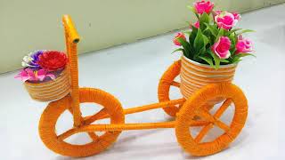 DIY Cycle decorative piece from cardboard and wool | Best out of waste | Bicycle Flower vase