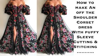 Pt 1. HOW TO MAKE AN OFF THE SHOULDER CORSET DRESS WITH PUFFY SLEEVE [cutting] DETAILED TUTORIAL