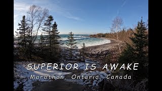 Insane waves along Lake Superior + CPKC train 101 ~ December 14, 2023 at Marathon, Ontario, Canada