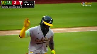 Oakland Athletics' Lawrence Butler hits 3rd home run of game, a 449 ft blast, vs. Philadelphia