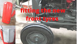 massey ferguson 35 fitting new front tyres and watch me win my bonnet on eBay