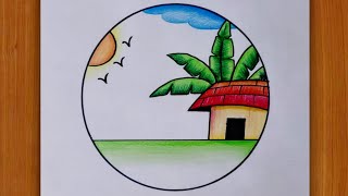 how to draw a circle drawing | Easy scenery drawing with color pencil or oil pastel |Circle scenery