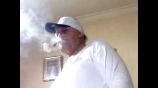 Smoking my White Meerschaum Curved, Pipe Tobaccos, with White Dark Blue Hat; White T-Shirt