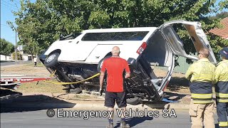 Isuzu tilt tray tow truck recovers rolled Toyota HiAce van, SAMFS firefighters clean up debris