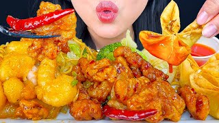 ASMR PANDA EXPRESS 6X SPICY ORANGE CHICKEN & CREAM CHEESE RANGOONS DIPPED IN SAUCE (MUKBANG)