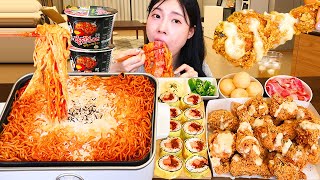 ASMR MUKBANG| 직접 만든 크림 불닭볶음면 양념치킨 김밥 먹방 & 레시피 SAUSAGES AND FIRE NOODLES EATING