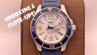 Breitling Superocean 42 Unboxing and Closeups A17366D81A1S1 Blue Bezel White Dial Blue Rubber Strap