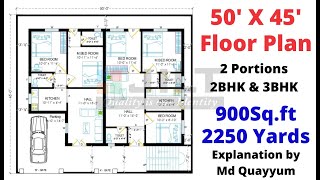 House Plan - 50' X 45' - 2 Portions - 2BHK & 3 BHK - Best Plan