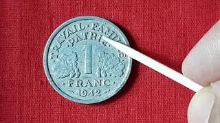 1 Franc of Nazi of German rule of Vichy state, Paris of France of 1942 of world War 2