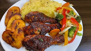 Lunch is Served! Baked Chicken, Garlic Butter Stir Fry Veggies, Sweet Potato Mash, & Sweet Plantain.