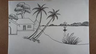 Scenery painting | simple and easy drawing Riverside scenery | pencil art