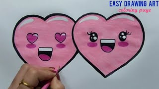 how to draw cute love heart couple cartoon coloring page | kawaii love heart couple drawing