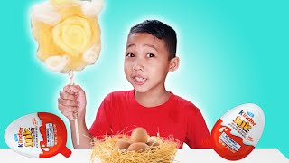 Nolan Pretend Play Magician and turns eggs into Kinder Joy!