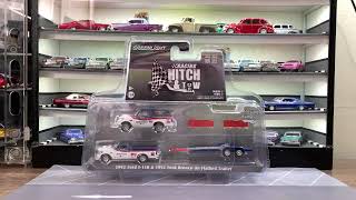 Greenlight Racing Hitch & Tow 1992 Ford F-150 & 1992 Ford Bronco on Flatbed Trailer BF Goodrich 1/64