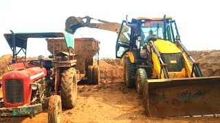 Jcb 3DX Xpert Backhoe Loader Loading Mud in Massey 1035 Tractor attech Bricks soling Machine