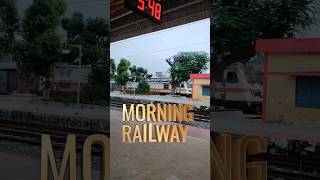 Train arriving at a peaceful Semi Urban Indian Railways Station in morning. village Rural lifestyle