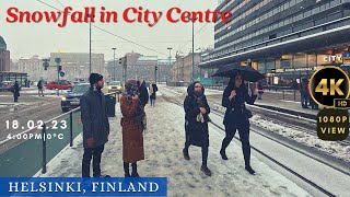 Saturday, Snowfall, City Centre! Helsinki, Finland 🇫🇮-  4K-HDR Walking Tour (24min)