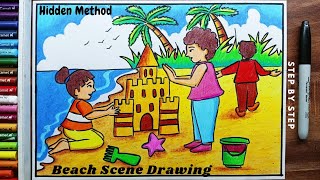 How to Draw a Beach Scene of Kids Playing- Summer Season Drawing - Beach Scenery Drawing