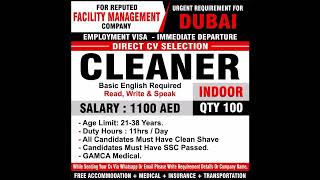 Jobs in Dubai- Indoor Cleaner- Employment Visa- 1100 AED- CV selection- GAMCA medical- Apply Now