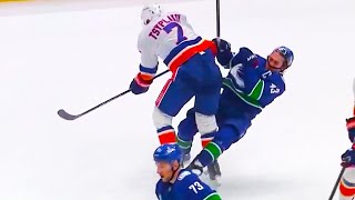 Maxim Tsyplakov Hit on Quinn Hughes | New York Islanders vs Vancouver Canucks 2024 NHL Highlights