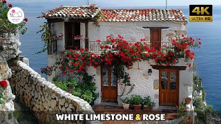 Romantic Living by the Sea: White Stone House on the Cliff with Rose Trellis Surrounding the House