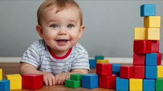 Baby Sits with Blocks So Bright Building Towers too Great Heights One Block Two Block Kids Song