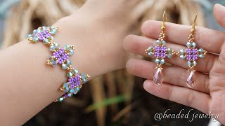 DIY beaded jewelry set with seed beads and bicone beads. How to make bracelet & earrings