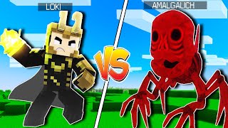 LOKI THE GOD OF MISCHIEF VS AMALGALICH | Minecraft SUPERHERO BATTLES | LOKI VS LYCANITES MOD