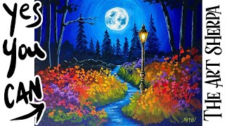 Night Forest and street lamp 🌟🎨 How to Draw and Paint tutorial for Beginners 13 days of Halloween