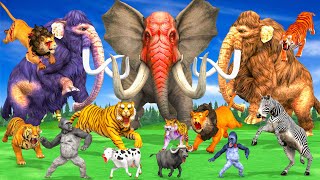 15 Mammoth Elephant Cow vs 10 Giant Tiger Attack Lion cub Cow Buffalo Zebra Saved by Woolly Mammoth