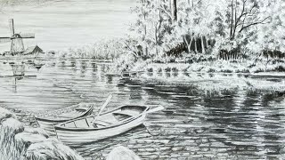 How To Easy Draw Beutiful River Side Landscape Scenery : Pencil Art