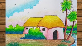 How To Draw Easy House Scenery Drawing || Villege  Scenery Drawing||