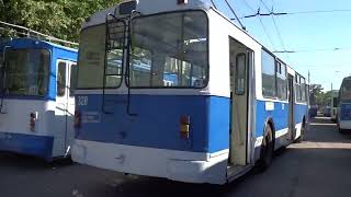 Old trolleybuses ZiU-683B No. 2017 and ZiU-682V No. 328 in the trolleybus depot in Cherkassy.