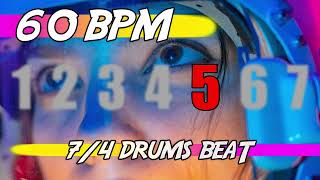 ✅ 60 BPM Backing Track in 7/4 🥁 Ten minutes of drums beat for practicing